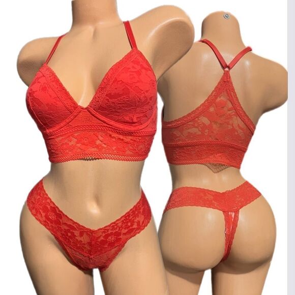 Victoria’s Secret Pink Set Lined padded Lace bralette & thong panty set Red S - Picture 1 of 5